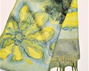 Nuno Felted Merino Wool Scarf: Handmade Green Silk Shawl