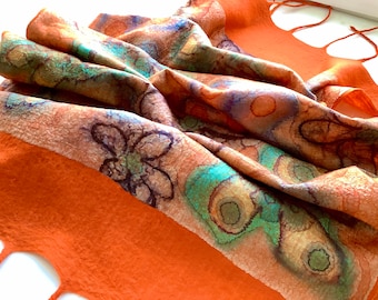 Nuno Felted Scarf: Orange Merino Wool Mandala Shawl