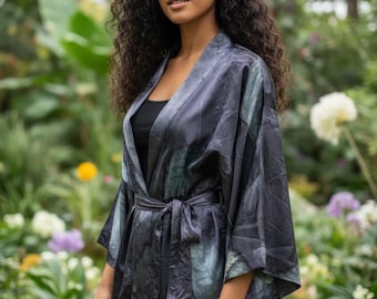 One of a Kind Botanical Print Silk Kimono Jacket – Natural Dyed Silk Wrap Jacket, Wearable Art Kimono by LeDifelt