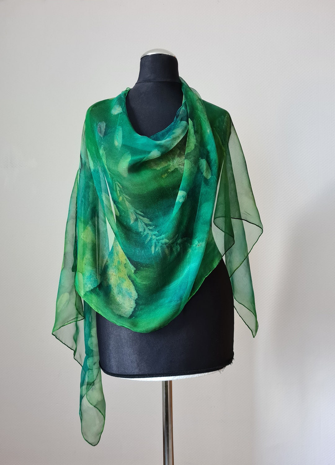 Emerald Green Silk Scarf Ecoprint Scarf Luxury Silk Etsy