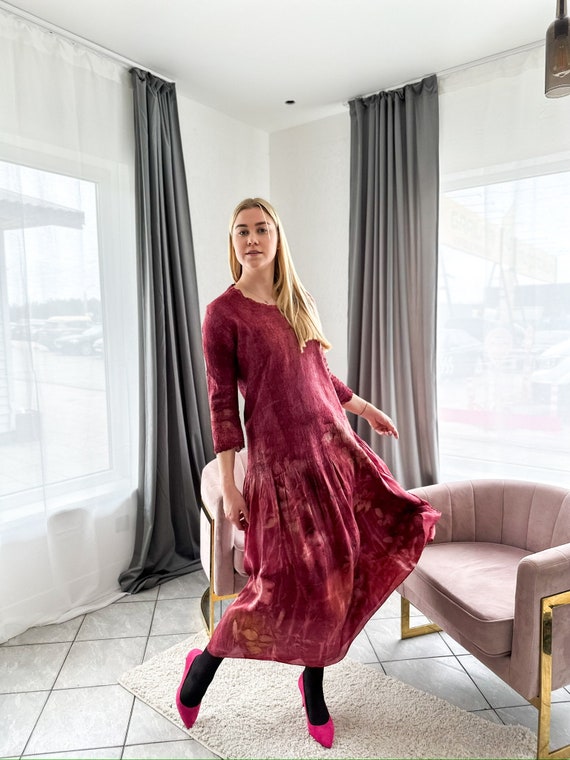 Handmade Burgundy Silk Dress: Nunofelted Botanical Midi - Etsy