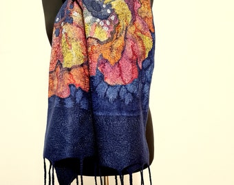 Handpainted Silk Scarf: Felted Merino Wool Oversize Shawl