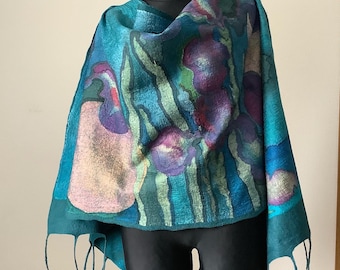 Emerald felted scarf,Gift for Mother day, Hand painted silk scarf, Unique gift for mom, Silk wool scarf, Gift for Women