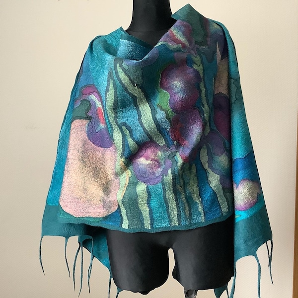Emerald felted scarf,Gift for Mother day, Hand painted silk scarf, Unique gift for mom, Silk wool scarf, Gift for Women