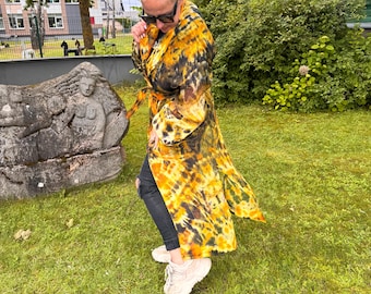 Shibori Silk Organza Coat: Handmade Tie-Dye Robe, Sheer Yellow Black Cape