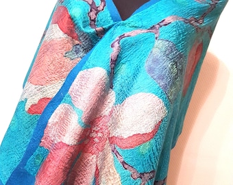 Hand-Painted Merino Wool Scarf: Felted Magnolia Silk Wrap