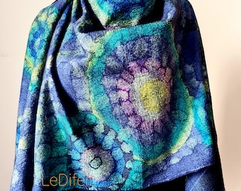 Felted Wool Silk Scarf: Blue Mandala Design, Handmade