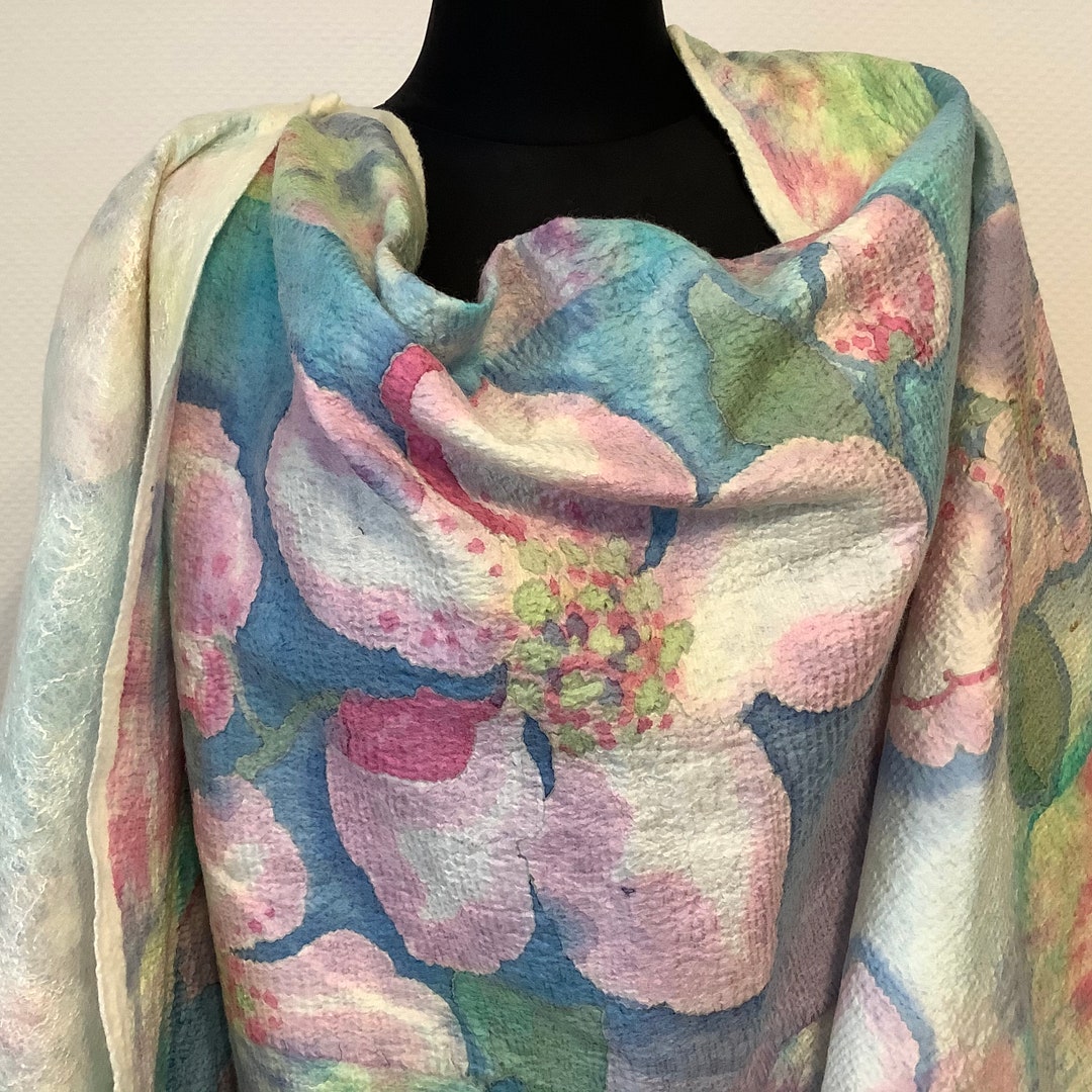 Felted Scarf With Flowersfelted Wrap in Pastel Shadesgift - Etsy
