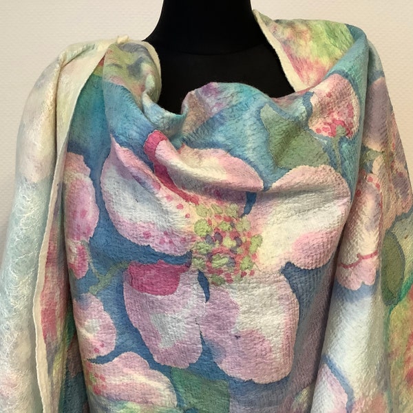 Felted Scarf with Flowers,Felted Wrap in Pastel Shades,Gift for Her,Merino wool Scarf, Warm Scarf