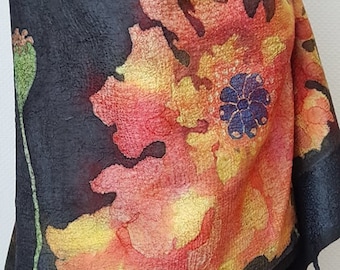 Hand-Painted Black Nuno Felt Scarf: Wool & Silk Red Poppies Shawl