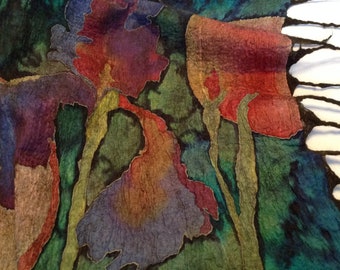 Felted Scarf express delivery ,Luxurious scarf with irises ,Unique felted shawl,Hand-painted silk,Emerald green scarf,Gift for her