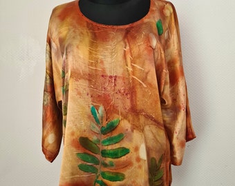 Orange Silk Blouse,  Botanical Printed Blouse, Women's loose Blouse, Unique Lightweight Blouse,Silk satin Blouse