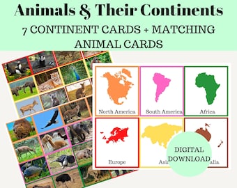 Animals and their Continents Cards Printable Preschool Kindergarten Montessori Geography Activity