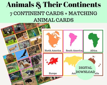 Animals and their Continents Cards Printable Preschool Kindergarten Montessori Geography Activity