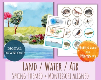 Land Wasser Luft Frühling Themed Montessori Sortierkarten druckbare Vorschule Kindergarten Wissenschaft Klassifikation Aktivität frühe Kindheit