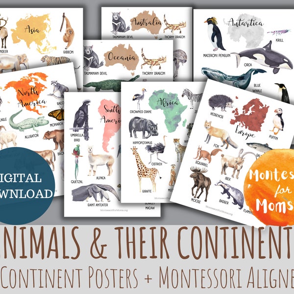 Animals and their Continents Posters Printable Preschool Kindergarten Montessori Geography Activity Australia America Europe Asia Africa
