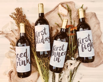 Qty 4 - Marriage Milestones Wedding Gift Custom Wine Labels - First Anniversary Bridal Shower Wine Basket Engagement Gift