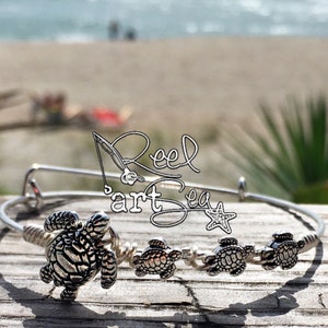 Mother&#39;s Bracelet - Sea Turtle - Custom Birthstone - Adjustable Bangle