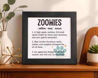 Placa com a definição de "Zoomies", decoração engraçada com humor canino, moldura feita à mão.