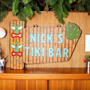 Mid Century Modern Tiki Custom Wall Art Wood, Cocktails Tiki Bar Personalized Sign, Custom Name Sign, Retro Door Hanger