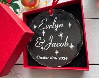 Personalized Clear Glass Christmas Ornament: Mid-Century Modern Wedding Keepsake