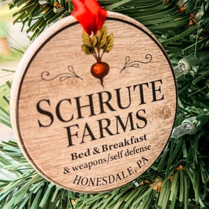 Dwight Schrute Farms Christmas Ornament, The Office TV Show, Funny Gag Gift, White Elephant Wood Holiday Decor