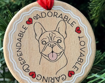 Enfeite de Natal personalizado de Bulldog Francês: Lembrança de Cachorro em Madeira Gravada