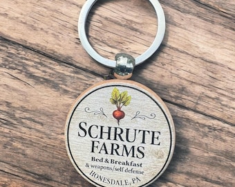 Chaveiro de madeira Schrute Farms: presente divertido inspirado em "The Office"