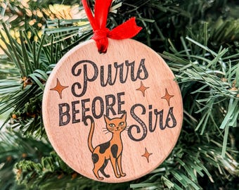 Cat Christmas Ornament, Purrs Before Sirs, Mid Century Wood Decor