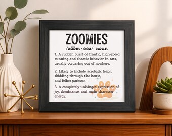 Placa com a definição de "Zoomies Cat" (gato "zoomies"), arte de parede engraçada com humor sobre animais de estimação, moldura de madeira feita à mão.