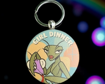 Girl Dinner Praying Mantis Keychain: Funny Hardwood Charm