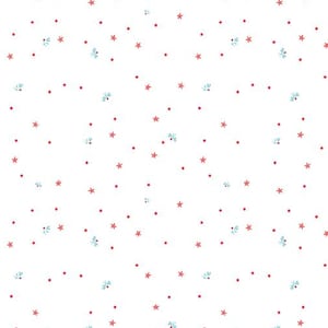 May include: A white fabric pattern featuring a repeating design of small red stars, tiny red dots, and light blue floral sprigs scattered across the surface. The elements are evenly distributed, creating a simple and consistent graphic motif.
