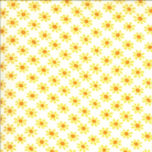 May include: White fabric with a repeating pattern of yellow daisies.