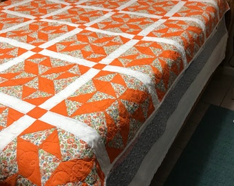 Vintage orange and white quilt top newly quilted 86" by 72"