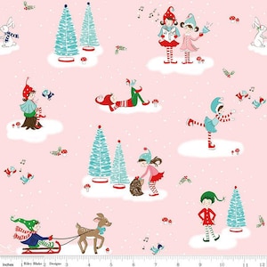 May include: Pink fabric with a repeating pattern of elves, deer, birds, and Christmas trees. The elves are wearing red and green hats and outfits. The deer is brown with a blue bow. The birds are blue with white bellies. The trees are green with brown trunks. The fabric is perfect for crafting projects, quilting, and sewing.