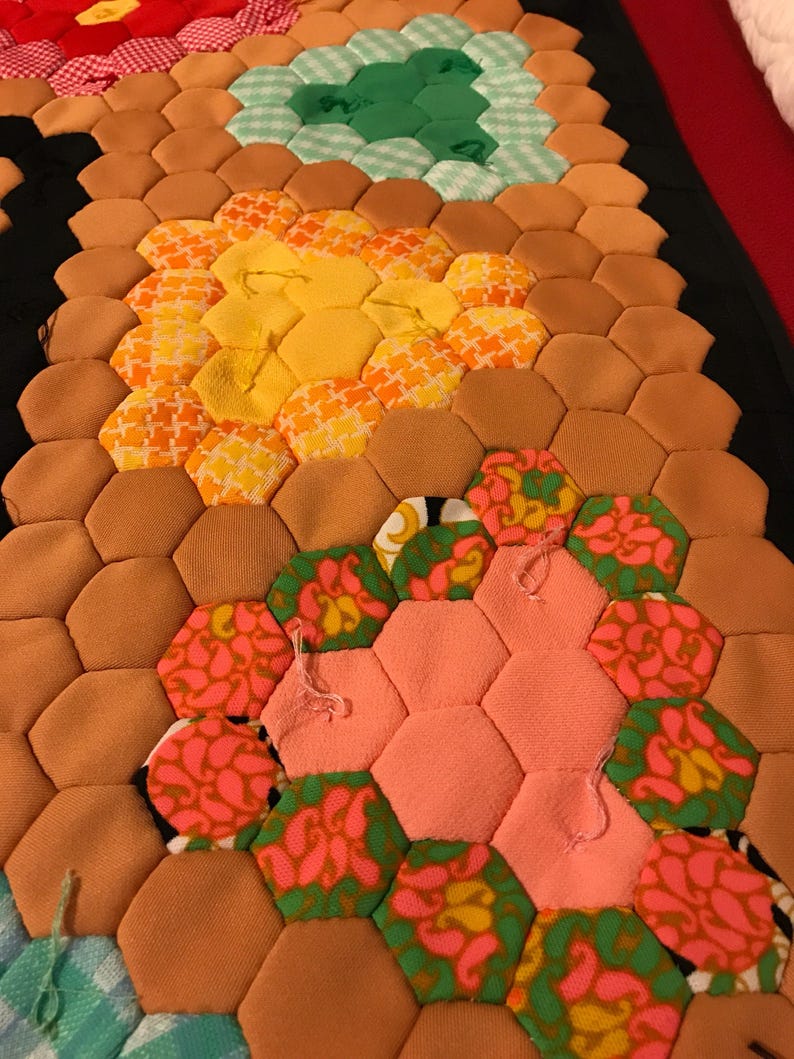 Vintage polyester flower basketgarden quilt top newly quilted with cotton batting and backing lap size 53 wide and 63 long