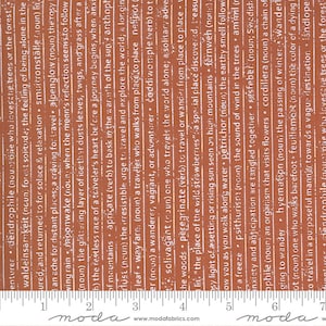 Puede incluir: Primer plano de una tela roja y blanca con un patrón repetitivo de texto. El texto está en blanco y dice "dendrophile (sustantivo) alguien que ama los árboles o el bosque, waldeinsamkeit (sustantivo) soledad del bosque; la sensación de estar solo en el..."