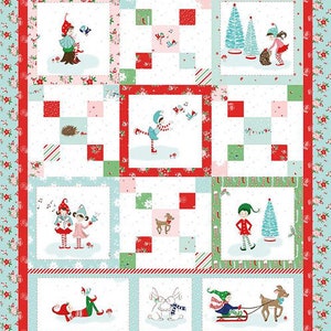 May include: A red, white, and blue patchwork quilt with a Christmas theme. The quilt features images of elves, reindeer, and Christmas trees. The quilt is made of squares and rectangles, and the squares are arranged in a grid pattern.