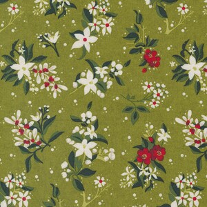Op de afbeelding: Een groene stof met een wit en rood bloemenpatroon. De bloemen zijn in een herhalend patroon gerangschikt en hebben een vintage stijl.