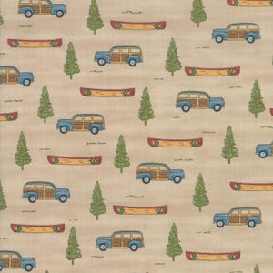 May include: A repeating pattern featuring blue and wood-panelled estate cars, yellow canoes with red accents, and green pine trees on a tan background. The design evokes a camping or outdoor theme, suitable for fabric or wallpaper.