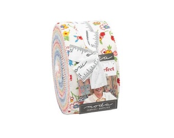 May include: A roll of fabric featuring a white background with colorful floral designs. The fabric is rolled up and tied with a white ribbon. The label reads "Moda Fabrics & Supplies" and "One Perfect"