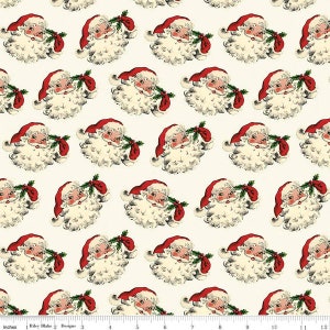 May include: A white background with a repeating pattern of red and white Santa Claus faces. Each Santa Claus is wearing a red hat and has a white beard. He is holding a red bag with a green sprig of holly.
