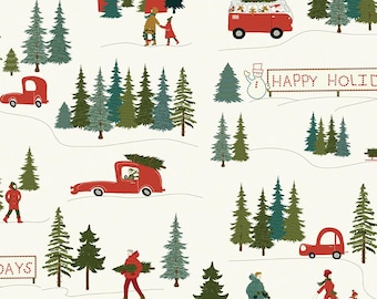 Może przedstawiać: Biała tkanina z powtarzającym się wzorem czerwonych samochodów, ludzi i choinek. Wzór zawiera tekst "Christmas Trees" i "Happy Holidays".