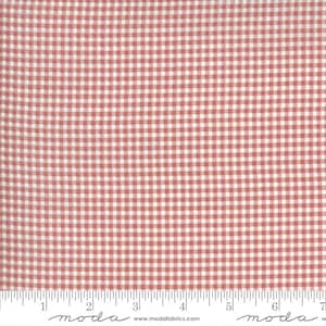 May include: A close-up of a red and white gingham fabric with a repeating pattern of small squares. The fabric is measured in inches on a ruler.