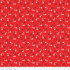 Può includere: Tessuto rosso con un motivo ripetitivo di piccoli cerchi bianchi e steli neri. Il motivo ricorda un disegno di bacche o ciliegie.