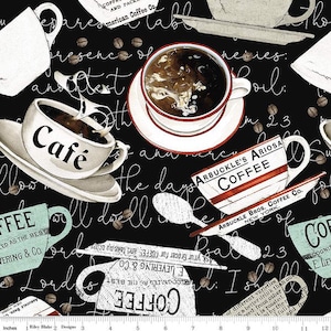 May include: Black and white fabric with a repeating pattern of coffee cups, coffee beans, and handwritten text. The text includes "Cafe", "Coffee", and "Arbuckle's Ariosa Coffee".