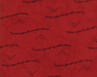 My Soul is Fed With My Needle & Thread Red Designed by primitive Gatherings sold by the yard