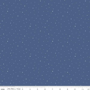 May include: Blue fabric featuring a pattern of small white dots, reminiscent of a starry night. The fabric has a solid blue background with evenly spaced white dots. The pattern repeats across the material.