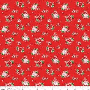 May include: Red fabric with a repeating floral pattern. The design features clusters of white and red flowers with green leaves and small red berries. The flowers are arranged on a solid red background, creating a festive and decorative look.