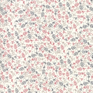 May include: A white background with a repeating pattern of small, stylized flowers in red, gray, and blue.